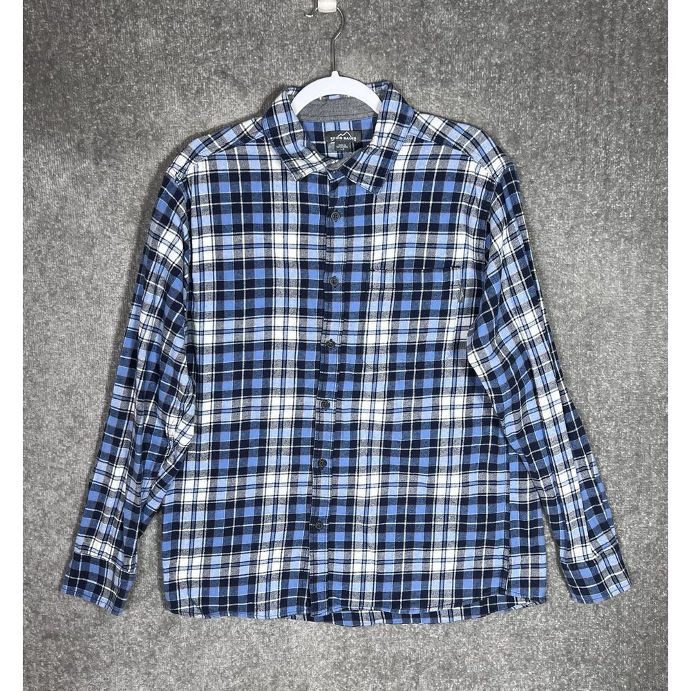 Eddie Bauer Flannel Shirt Mens Size Large Blue White Plaid Long Sleeve Button Up - Picture 1 of 7